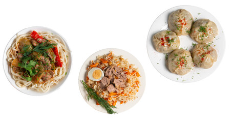 central asian cuisine manty, plov, kuyrdak, lagman, kazakh cuisine dishes png, kazakh cuisine set	