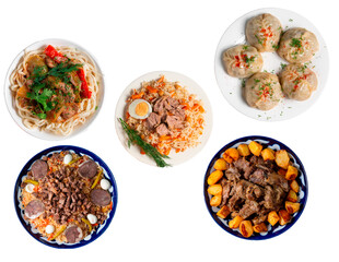 central asian cuisine manty, plov, kuyrdak, lagman, beshparmak, kazakh cuisine dishes png, kazakh cuisine set	
