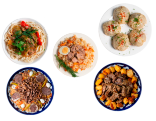 central asian cuisine manty, plov, kuyrdak, lagman, beshparmak, kazakh cuisine dishes png, kazakh cuisine set	