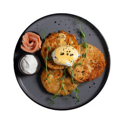 potato pancakes with egg, sour cream and salmon, perfect breakfast