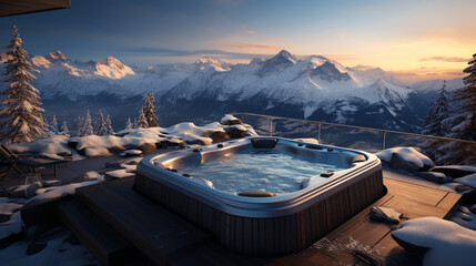 Hot vat on snowy terrace at mountains. Winter vacation concept with hot bath outside - obrazy, fototapety, plakaty