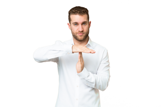 Young handsome blonde man over isolated chroma key background making time out gesture