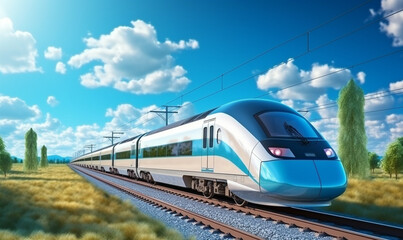 Fototapeta premium High-speed rail train travel Fast modern transportation Futuristic technology concept The Future of Mobility: Embracing High-Speed Rail for Modern Transportation.