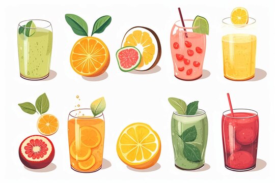 Fruit collection in flat hand drawn style, illustrations set. Tropical fruit and graphic design elements. Ingredients color cliparts. Sketch style smoothie or juice ingredients isolated on a white bac