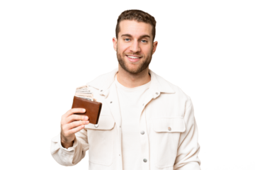 Young handsome blonde man holding a wallet over isolated chroma key background smiling a lot