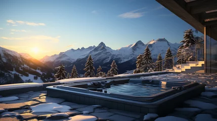 Foto op Aluminium Hot vat on snowy terrace at mountains. Winter vacation concept with hot bath outside © alexkich