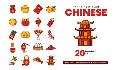 Bundle set Chinese Happy New Year Doodle Color Style. Vector Illustration	