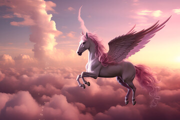 Obraz na płótnie Canvas Pink flying pegasus in the cloudy sky