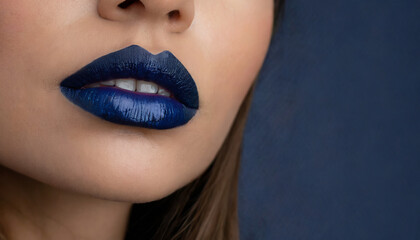 Glossy Blue Kiss: A Close-Up of a Sensual, Fashionable Womans Perfectly Makeuped Lips