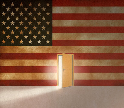 American flag with light of opportunity behind ajar door to immigrate in USA