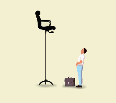 Ambitious businessman looking up at tall chair over yellow background