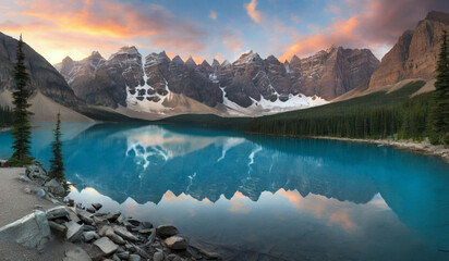 Moraine lake panorama in Banff National Park, Alberta, Canada. Moraine lake with reflection at sunset