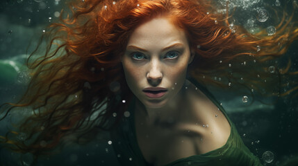 Ethereal Underwater Portrait of a Redheaded Woman with Intense Gaze