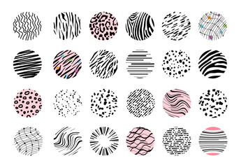 Big Set of Hand drawn doodle circle animal skin. round Abstract black Patterns. Skin, Spots, drops, curves, Lines. modern trendy Vector illustration.