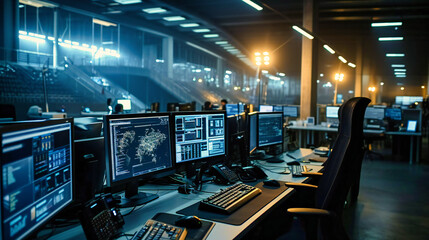 Control Room Technology: An industrial control room with a technician monitoring systems and machinery