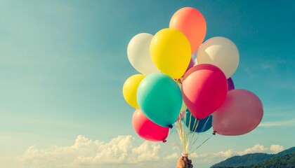multicolor balloons with a retro instagram filter effect concept of happy birthday in summer and wedding honeymoon party vintage color tone