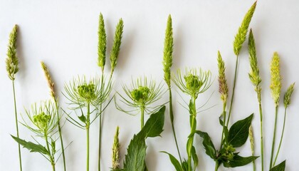 few stalks and inflorescences of various meadow grass at various angles on white background - obrazy, fototapety, plakaty