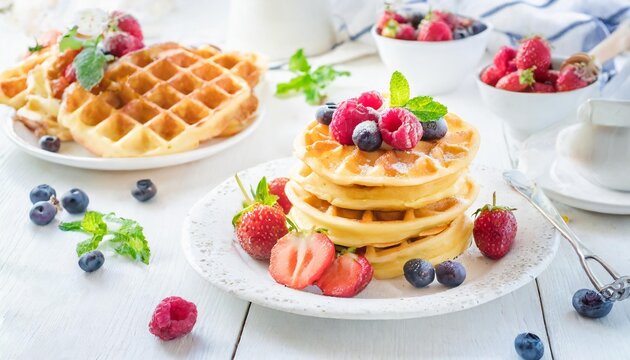summer breakfast homemade baked ricotta pancakes and belgian waffles with fresh berries on white wooden table