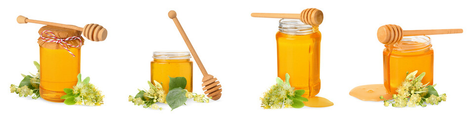 Honey in glass jars, dippers and linden flowers isolated on white, collection