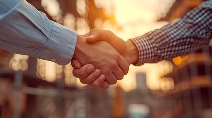 handshake between two businessmen, two men shaking hands in front of a construction site in the sun light, with a blurry background - obrazy, fototapety, plakaty