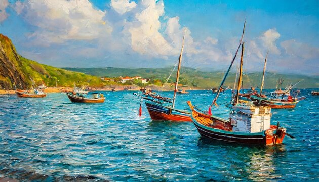 oil painting artwork on canvas fishing boats on sea