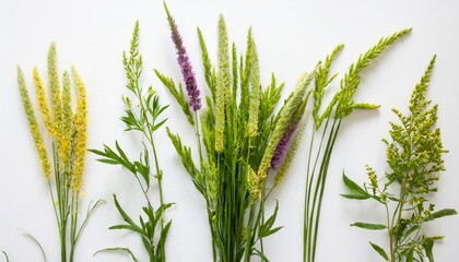 few stalks and inflorescences of various meadow grass at various angles on white background - obrazy, fototapety, plakaty