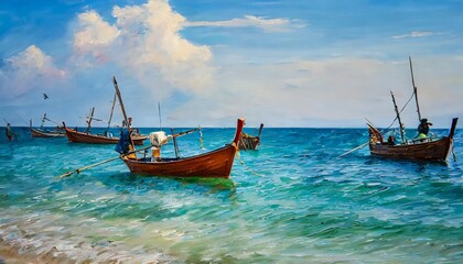 Fototapeta na wymiar oil painting artwork on canvas fishing boats on sea