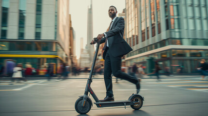 Afroamerican businessman on the city street on electric push scooter - obrazy, fototapety, plakaty