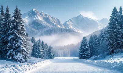 Fototapeta na wymiar Snow-covered trees in a winter snowy landscape.