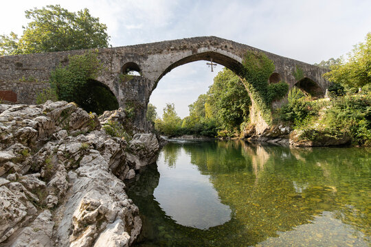 Historic Roman Bridge in Cangas de Onis, Asturias, Spain