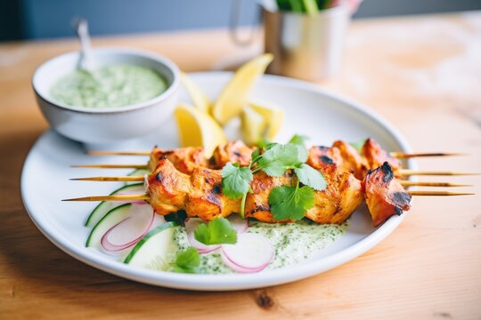 tandoori chicken on skewers with mint sauce