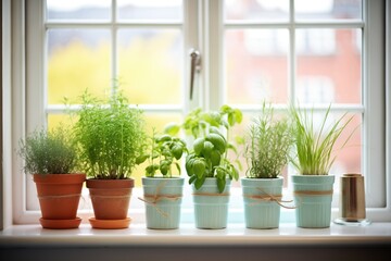 Fototapeta na wymiar a row of potted herbs on a kitchen windowsill