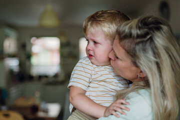 Mother calming little son, holding him, kissing on cheek. Boy is sad, crying.