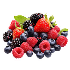 strawberries, raspberries, blueberries and blackberries on a white isolated background