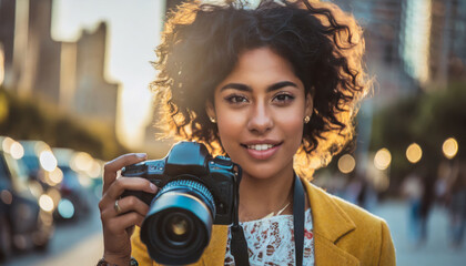 Happy woman photographer with camera on city street - obrazy, fototapety, plakaty