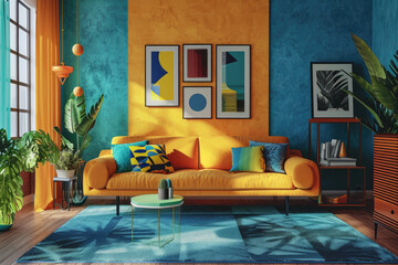 yellow paint and orange accessories create an exciting living room in this house