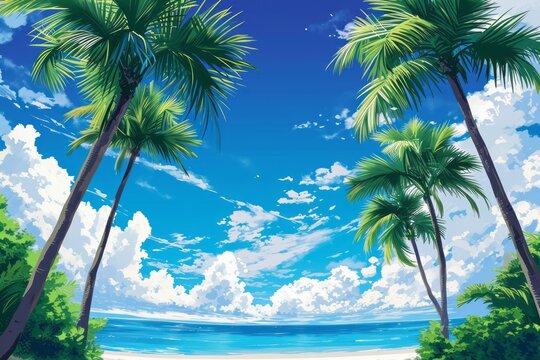 a lot of palms near the beach, anime manga style 3k anime background