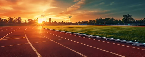 Gordijnen Running track field at sunset, in the style of photorealistic landscapes, modern, rounded, stylish, bright © thisisforyou