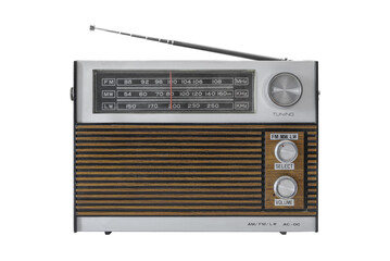 Authentic 70s radio receiver. Front view. Isolated on transparent background. PNG. Traces of time and scuffs on the body