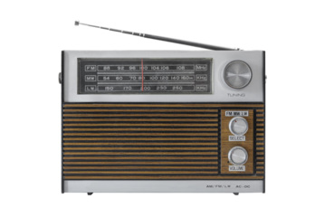 Authentic 70s radio receiver. Front view. Isolated on transparent background. PNG. Traces of time and scuffs on the body