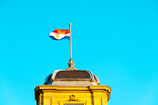 Croatia, Zagreb, Croatian flag on top of Croatian National Theatre