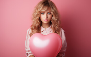 Happy girl holding a heart shaped balloon in pink background. Concept of love and valentine's day. Generative AI