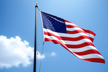 Obraz premium American flag develops against a blue sky. A symbol of country and freedom.