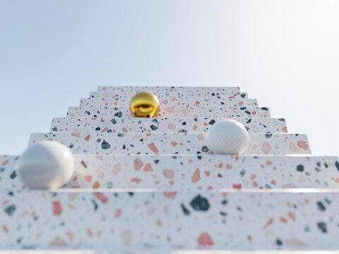 3d rendering of spheres on terrazzo staircase