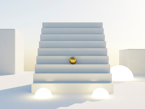 3d rendering of gold sphere on staircase