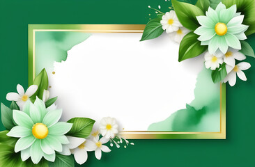green banner with blurred watercolor spots of green in different shades, along the edges there are white flowers with a yellow center, with space for text in the center
