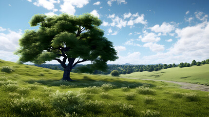 Olive tree in the middle of green fields,,
a tree in a green field with grass and trees.