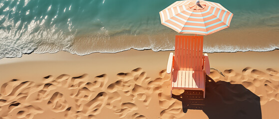 Summer beach concept. Beach umbrella  and Deck chair on a strong sun. Bright pastel background. Vacantion Time. Generative AI