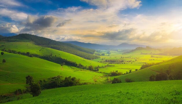 beautiful green valley with green fields and hills natural summer background nature landscape wallpaper created using tools