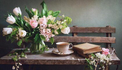 moody spring still life wooden bench table composition with cup of coffee tea and old books beautiful floral bouquet with white pink tulips daffodils hawthorn green guelder rose flowers wall
